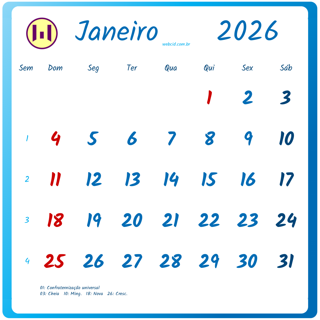 Calendário 2026 - Janeiro - Brasil com feriados e fases da lua