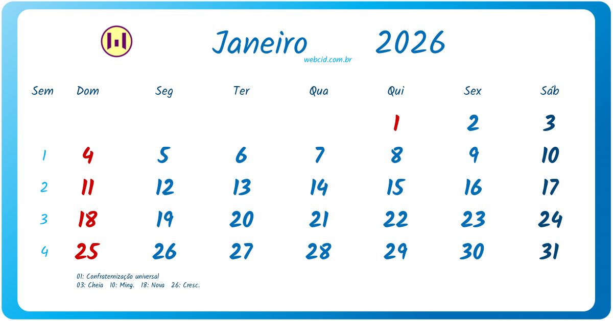 Calendário 2026 - Janeiro - Brasil com feriados e fases da lua