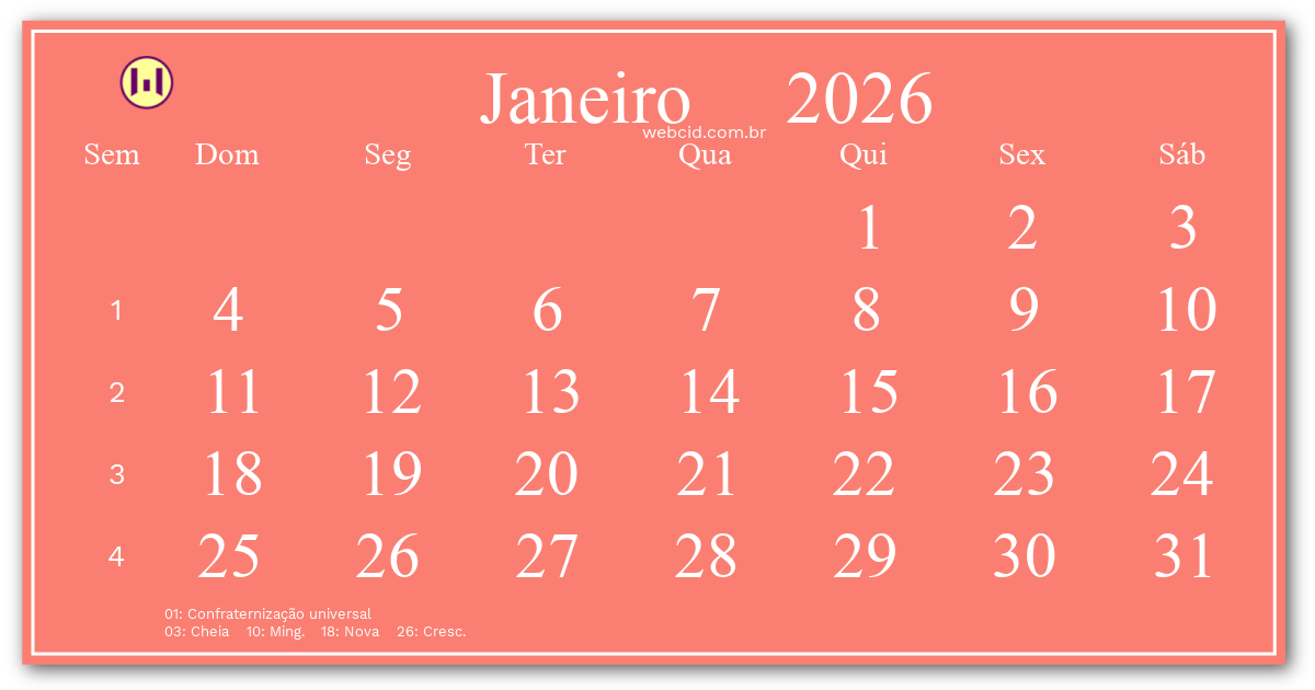 Calendário 2026 - Janeiro - Brasil com feriados e fases da lua