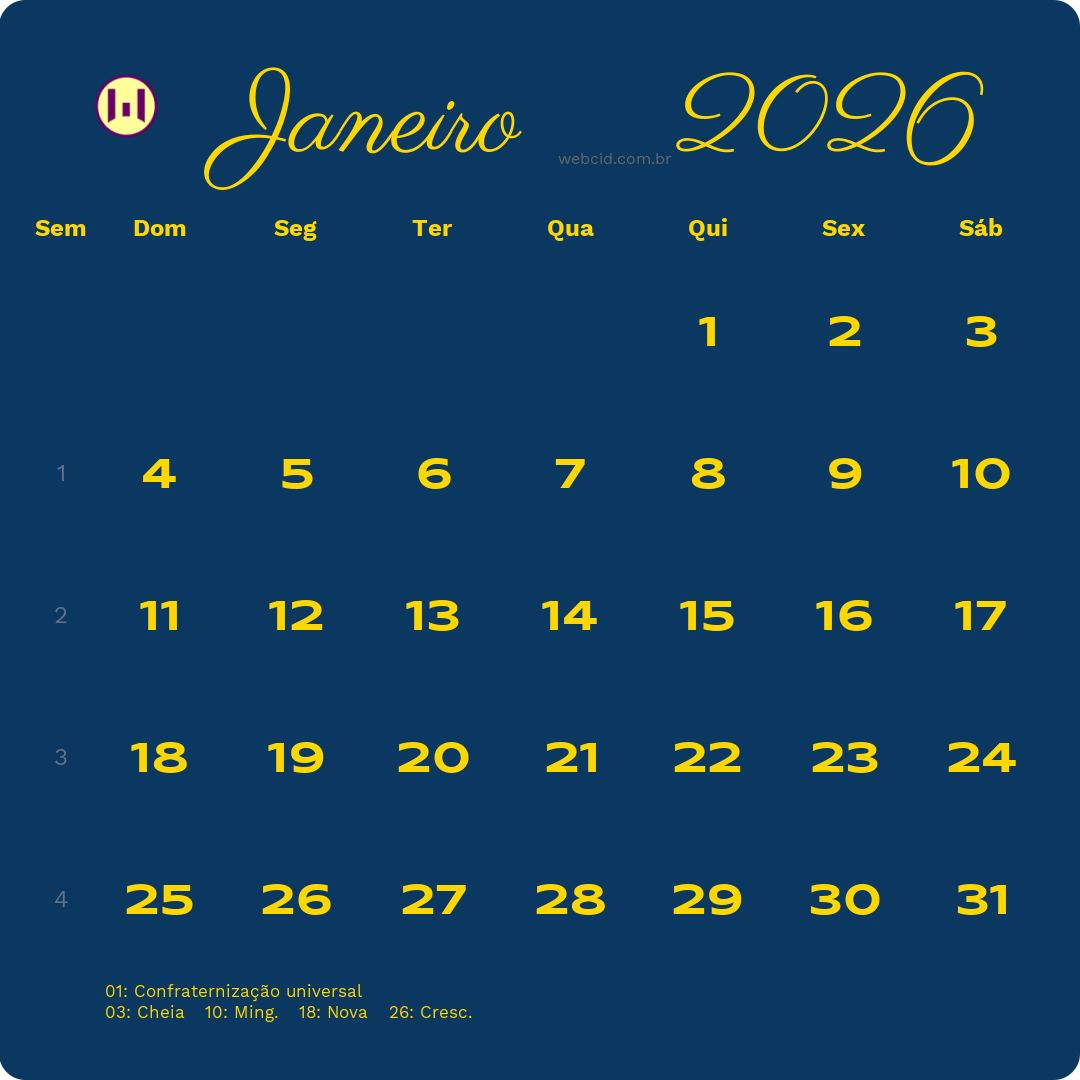 Calendário 2026 - Janeiro - Brasil com feriados e fases da lua