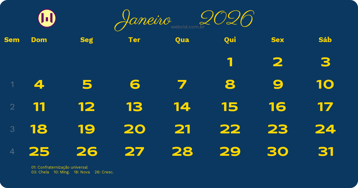 Calendário 2026 - Janeiro - Brasil com feriados e fases da lua