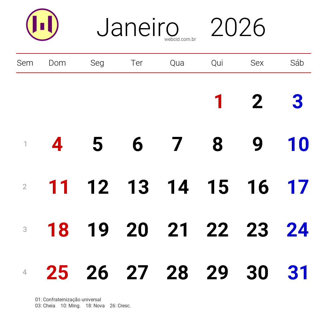 Calendário 2026 - Janeiro - Brasil com feriados e fases da lua