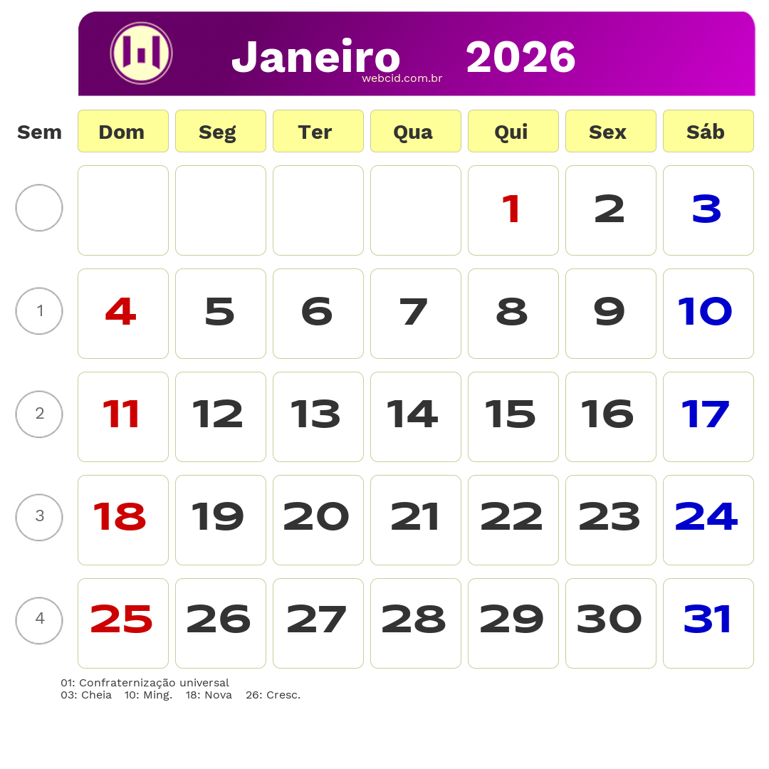 Calendário 2026 - Janeiro - Brasil com feriados e fases da lua