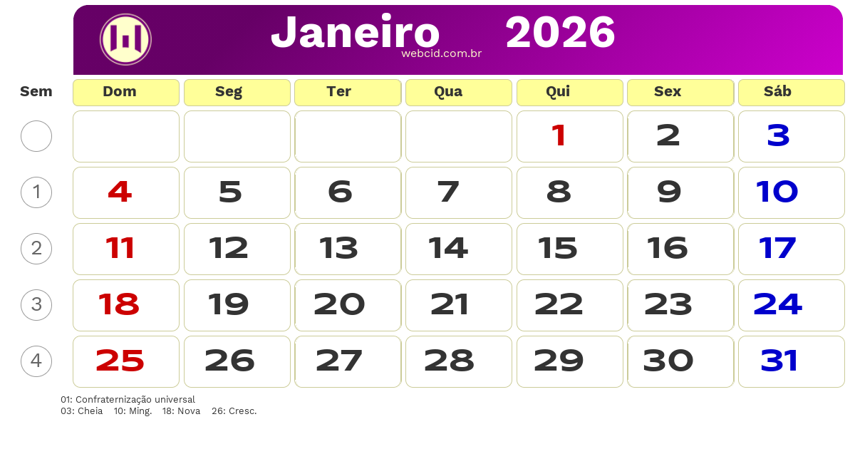 Calendário 2026 - Janeiro - Brasil com feriados e fases da lua