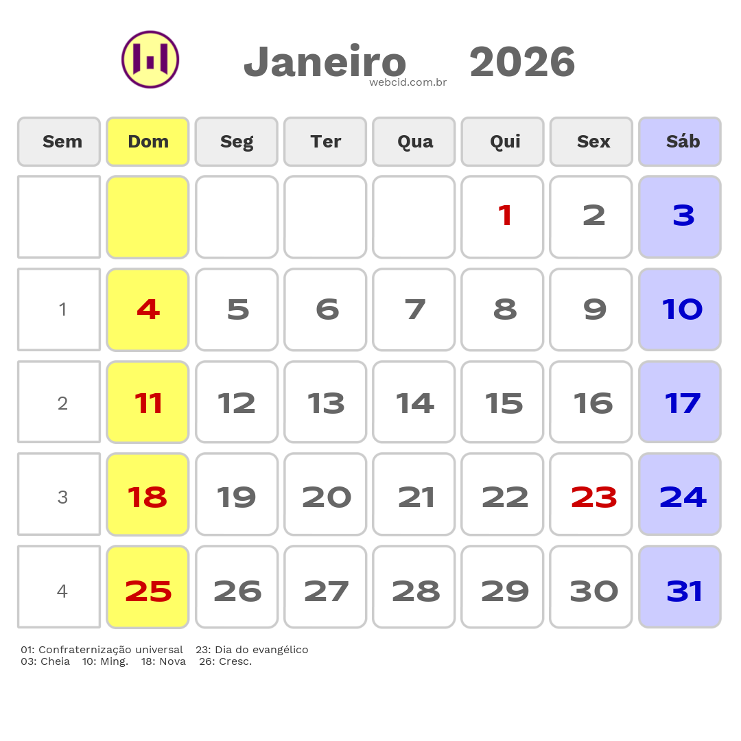 Calendário 2026 - Janeiro - Feijó-AC com feriados e fases da lua