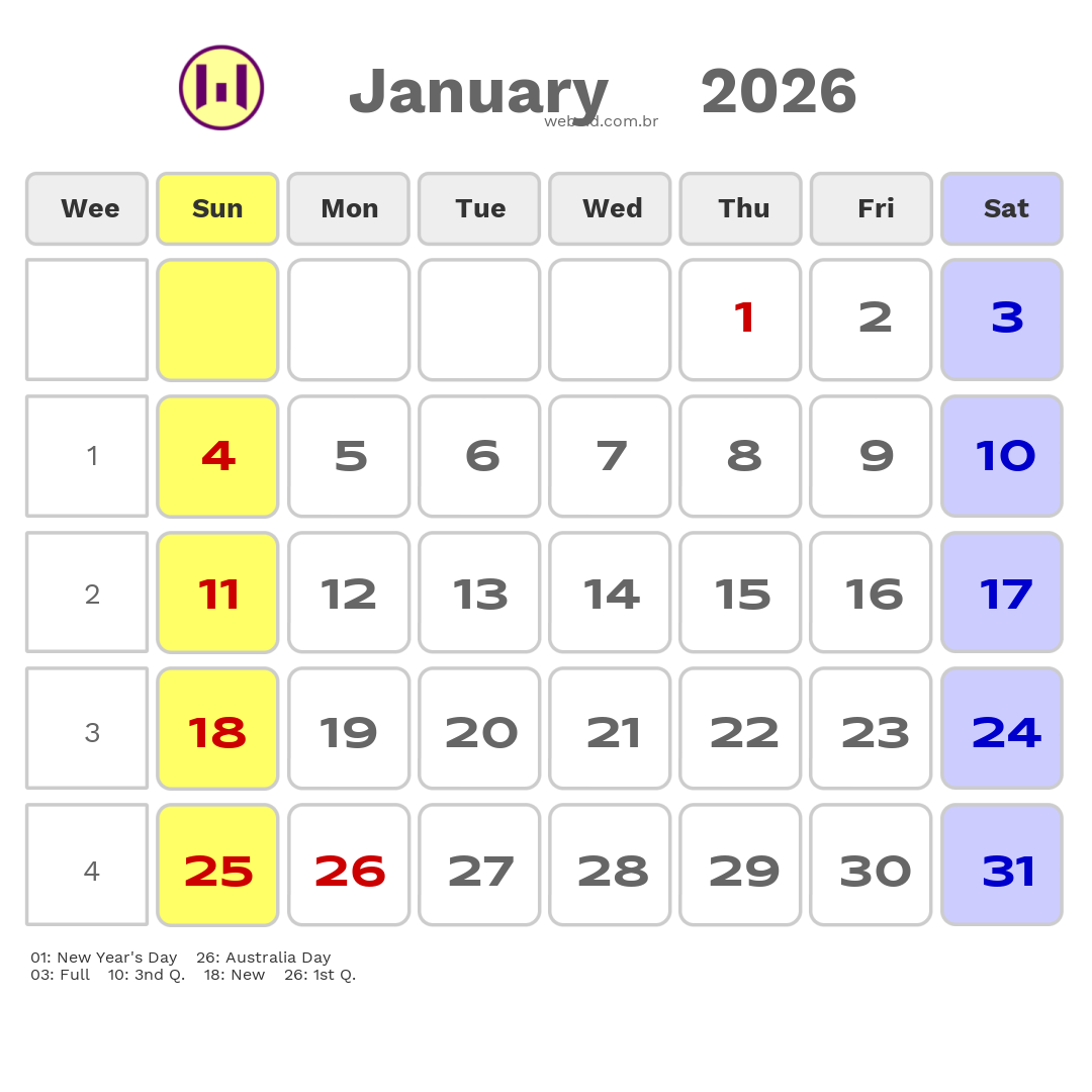Calendar 2026 - January - Austrália com feriados e fases da lua