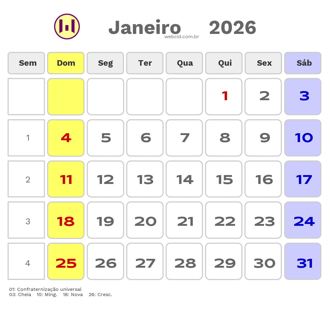 Calendário 2026 - Janeiro - Brasil com feriados e fases da lua