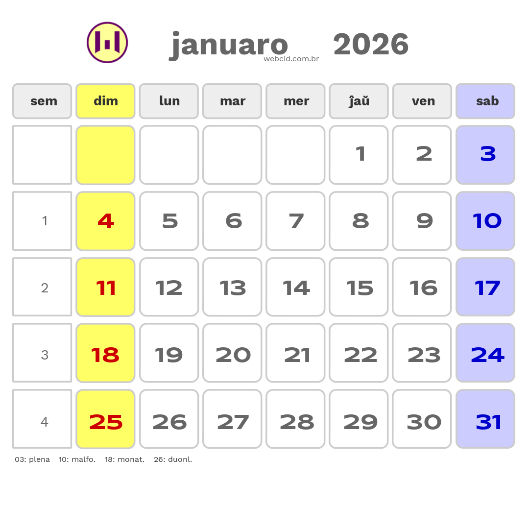 Kalendaro 2026 - januaro - Esperanto-ESPERANTO com feriados e fases da lua