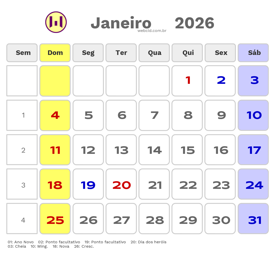 Calendário 2026 - Janeiro - Guiné-Bissau com feriados e fases da lua