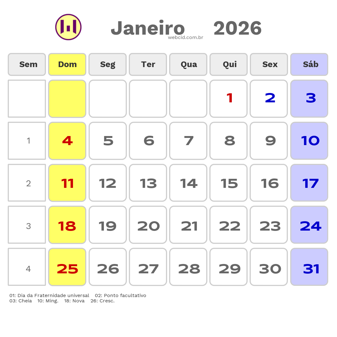 Calendário 2026 - Janeiro - Moçambique com feriados e fases da lua