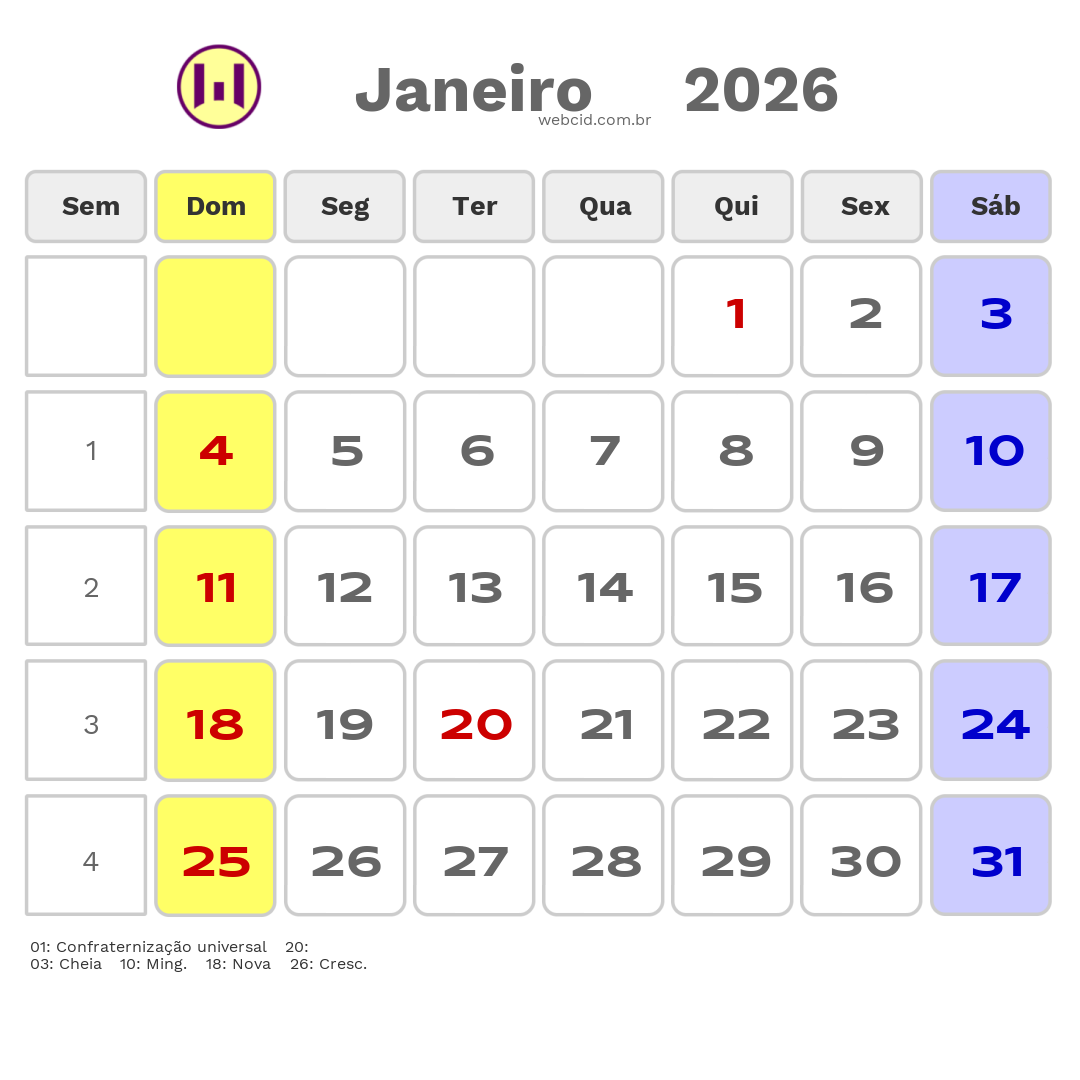 Calendário 2026 - Janeiro - Balneario Gaivota-SC com feriados e fases da lua