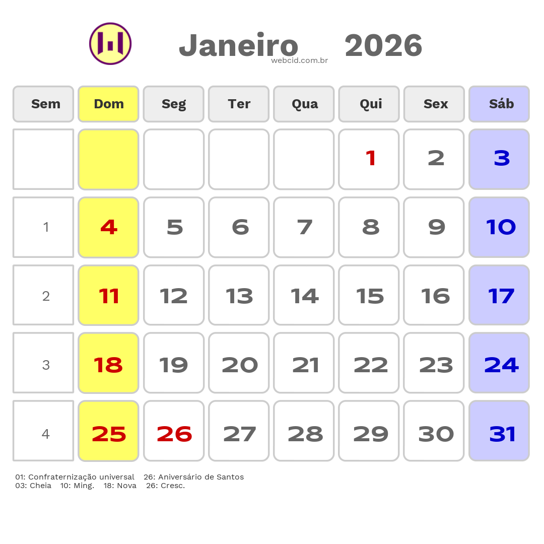 Calendário 2026 - Janeiro - Santos-SP com feriados e fases da lua