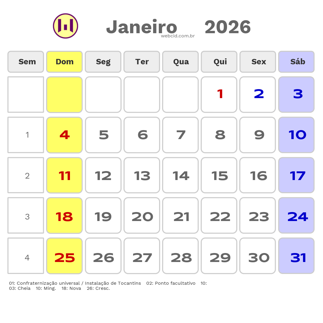 Calendário 2026 - Janeiro - Alianca do Tocantins-TO com feriados e fases da lua