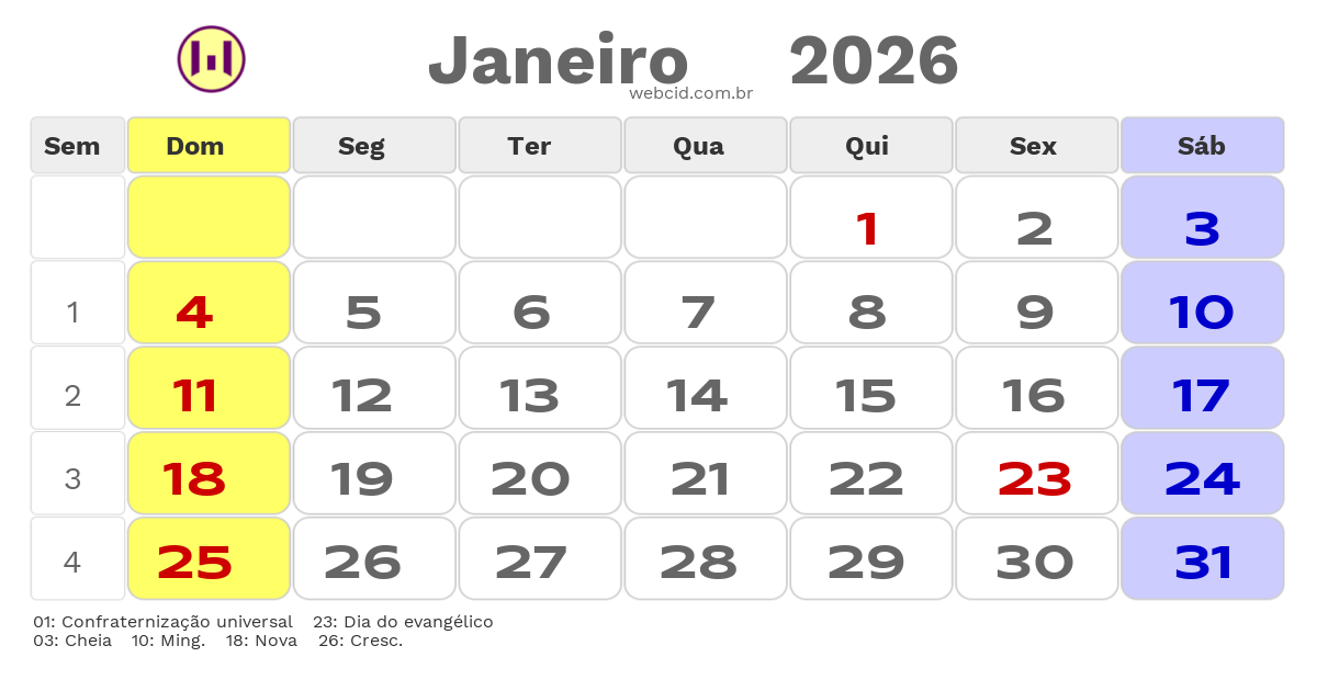 Calendário 2026 - Janeiro - Feijó-AC com feriados e fases da lua