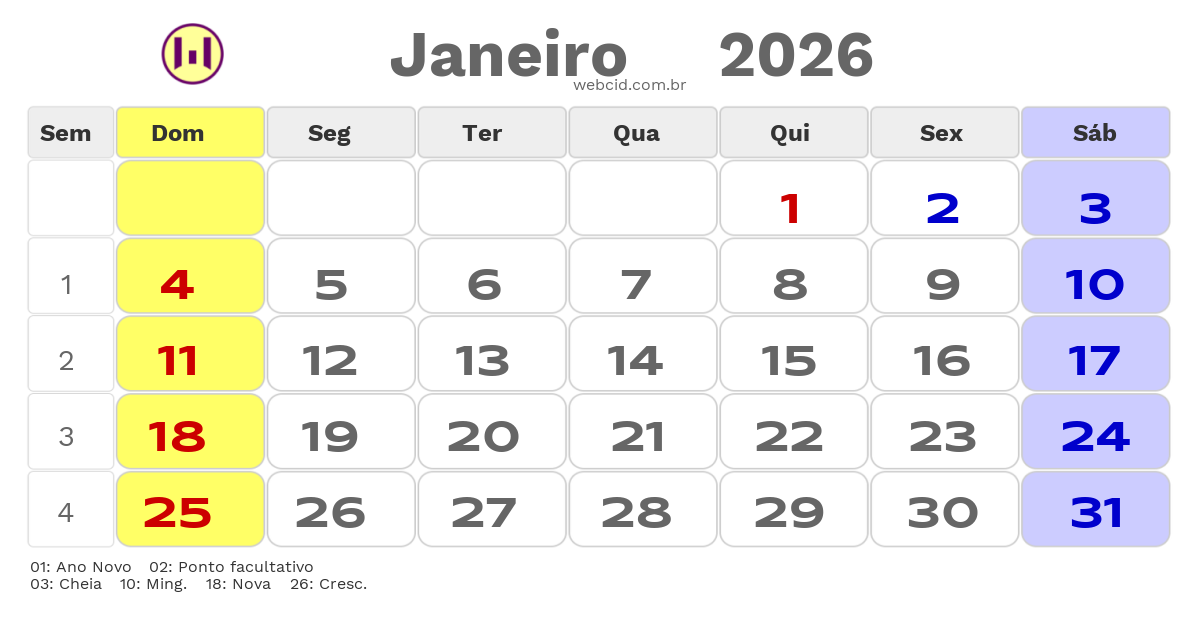 Calendário 2026 - Janeiro - Angola com feriados e fases da lua