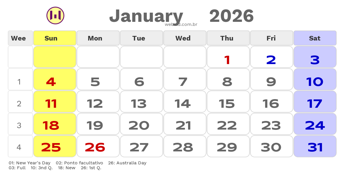Calendar 2026 - January - Austrália com feriados e fases da lua