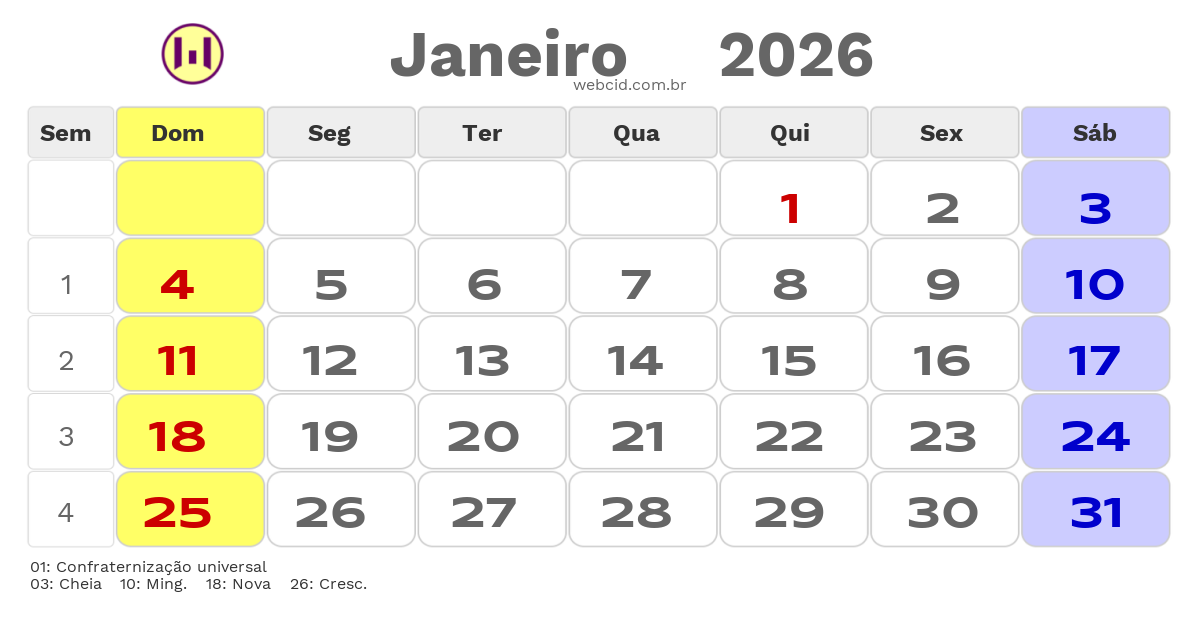 Calendário 2026 - Janeiro - Brasil com feriados e fases da lua