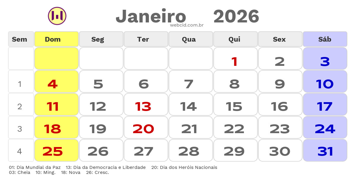 Calendário 2026 - Janeiro - Cabo Verde com feriados e fases da lua