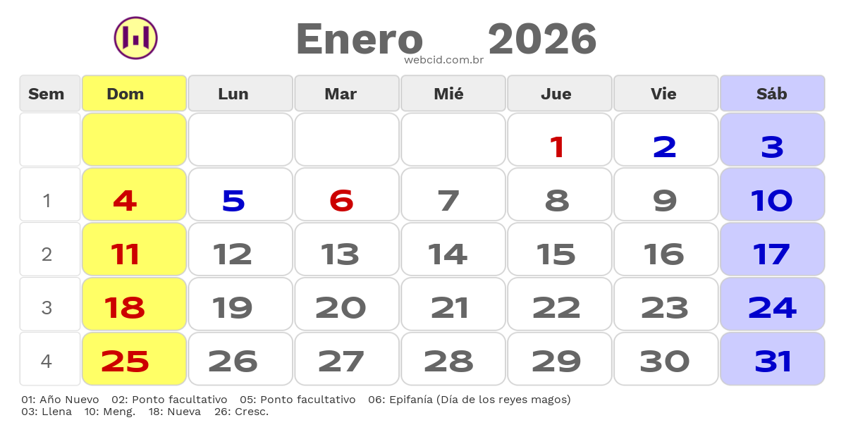 Calendario 2026 - Enero - Colômbia com feriados e fases da lua