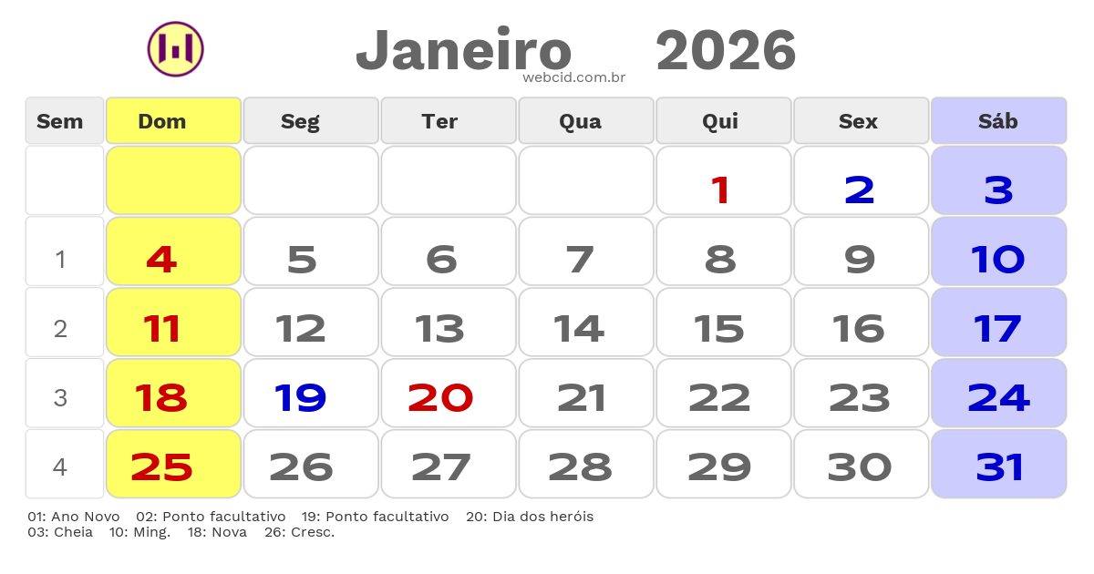 Calendário 2026 - Janeiro - Guiné-Bissau com feriados e fases da lua
