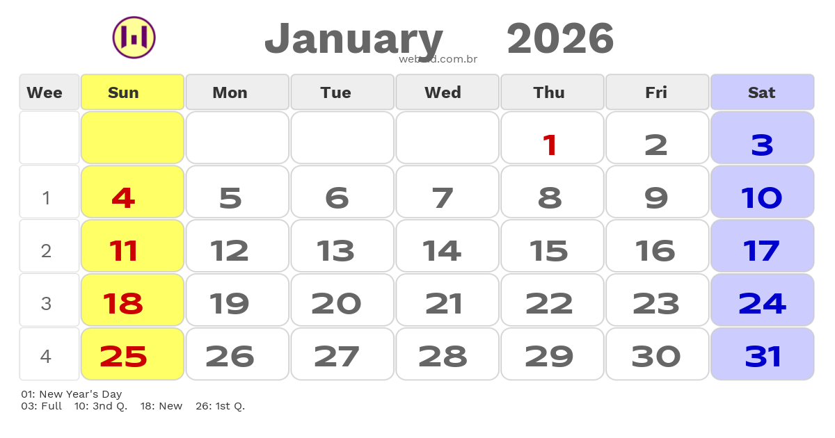 Calendar 2026 - January - Inglaterra com feriados e fases da lua