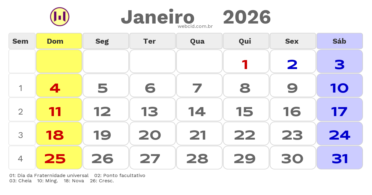 Calendário 2026 - Janeiro - Moçambique com feriados e fases da lua