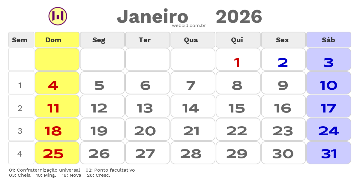 Calendário 2026 - Janeiro - Não-Me-Toque-RS com feriados e fases da lua