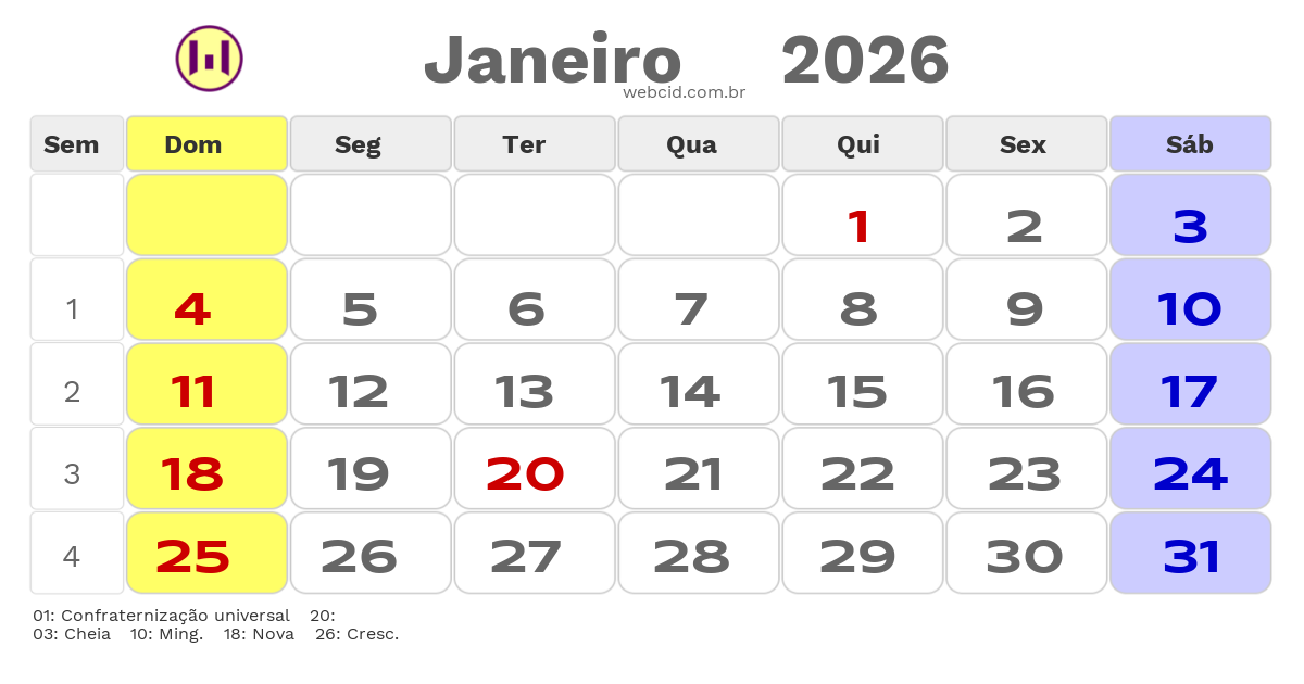 Calendário 2026 - Janeiro - Balneario Gaivota-SC com feriados e fases da lua