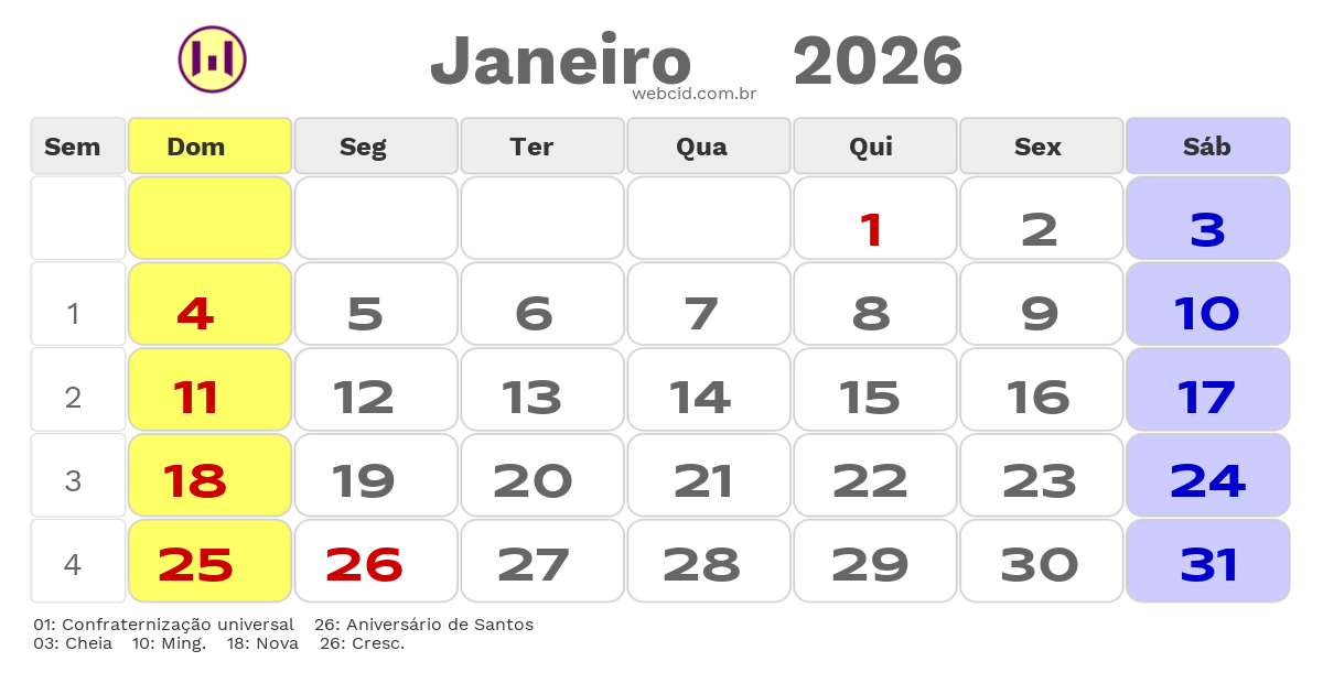 Calendário 2026 - Janeiro - Santos-SP com feriados e fases da lua