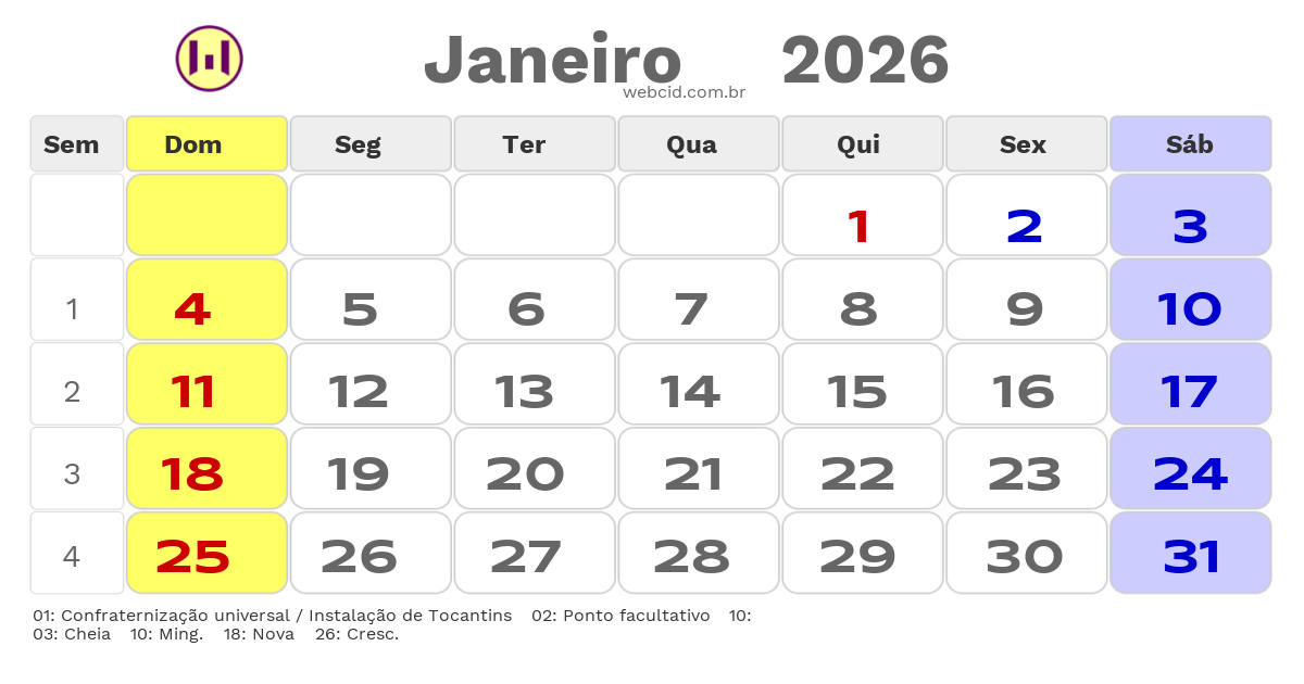 Calendário 2026 - Janeiro - Alianca do Tocantins-TO com feriados e fases da lua