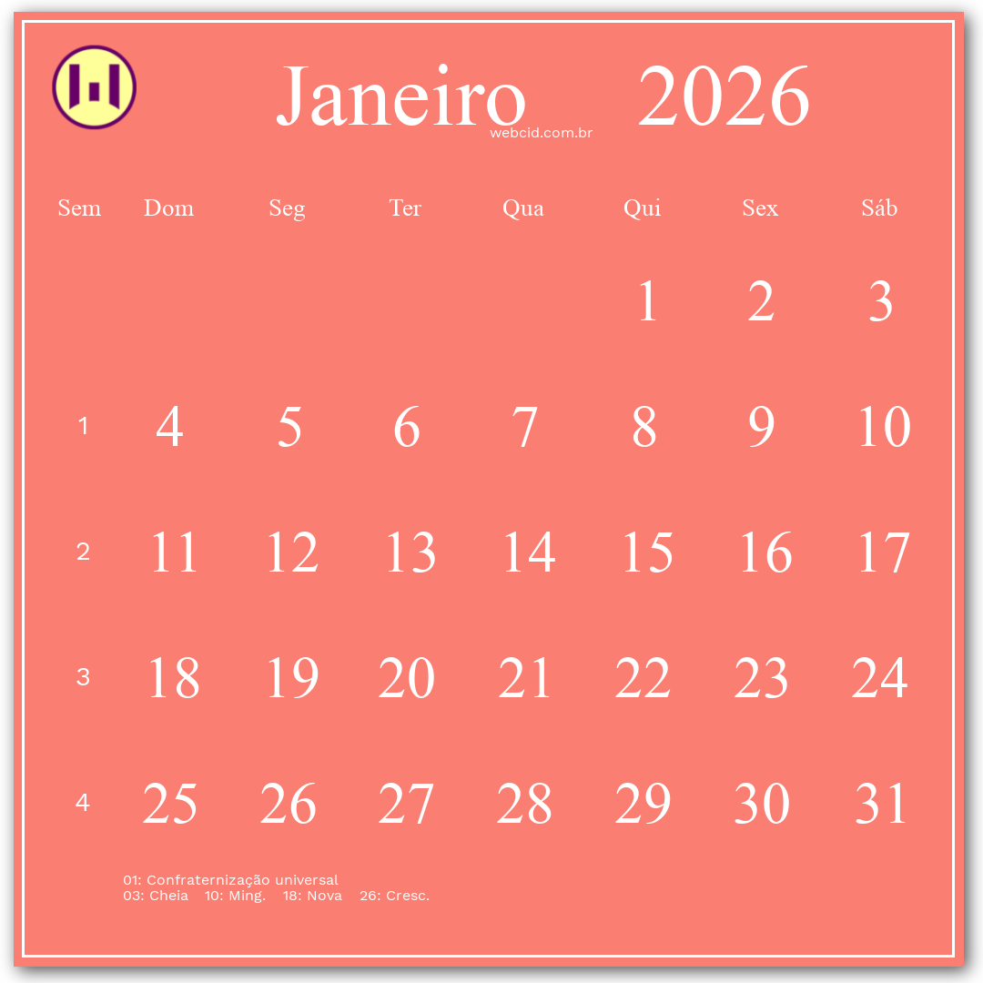 Calendário 2026 - Janeiro - Brasil com feriados e fases da lua