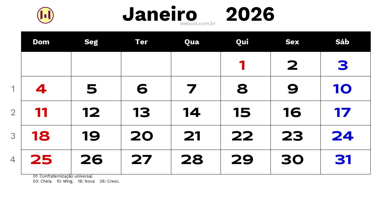 Calendário 2026 - Janeiro - Brasil com feriados e fases da lua