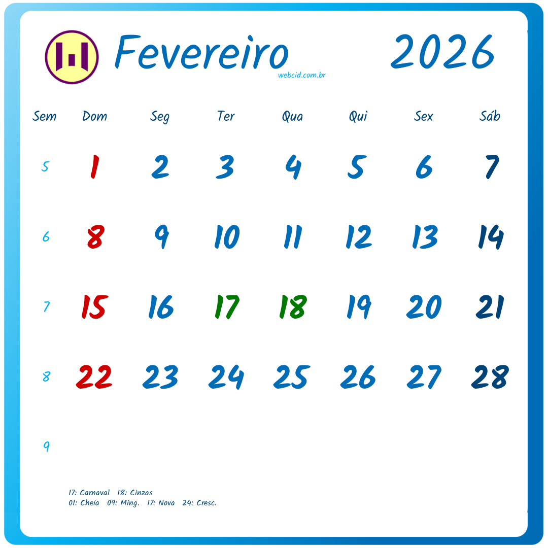Calendário 2026 - Fevereiro - Brasil com feriados e fases da lua