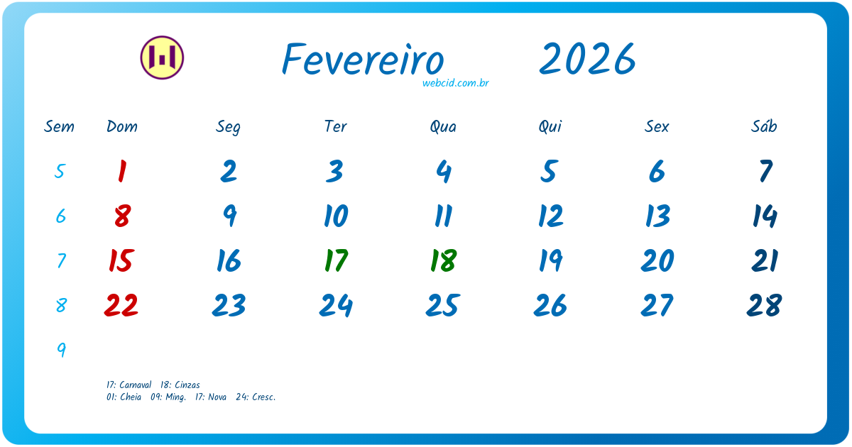 Calendário 2026 - Fevereiro - Brasil com feriados e fases da lua