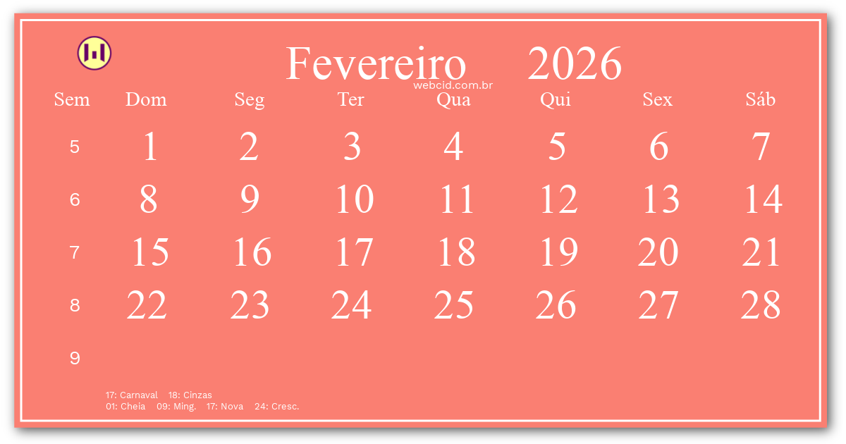 Calendário 2026 - Fevereiro - Brasil com feriados e fases da lua