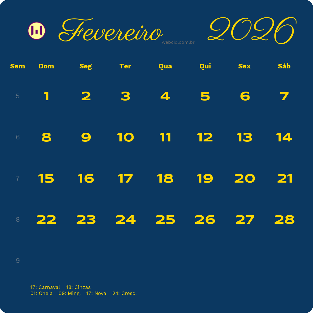 Calendário 2026 - Fevereiro - Brasil com feriados e fases da lua