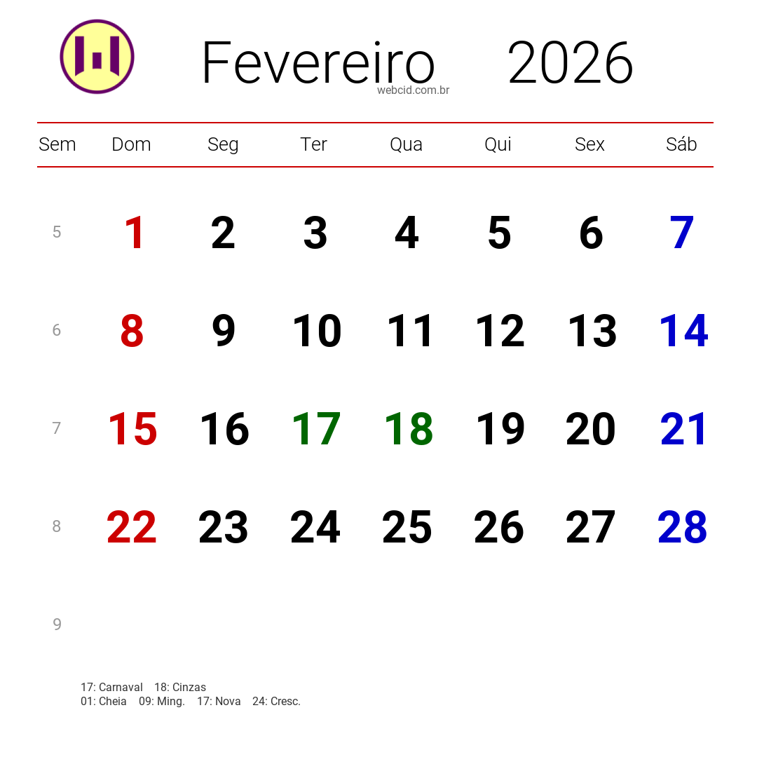 Calendário 2026 - Fevereiro - Brasil com feriados e fases da lua