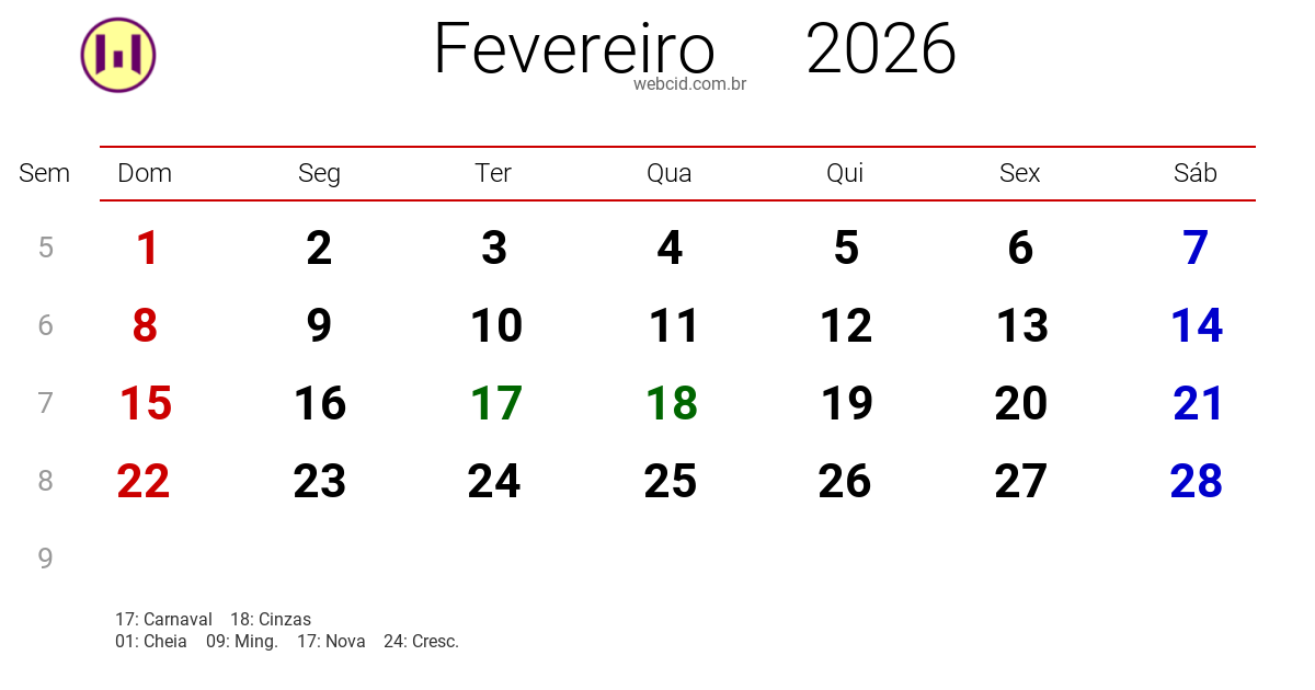 Calendário 2026 - Fevereiro - Brasil com feriados e fases da lua