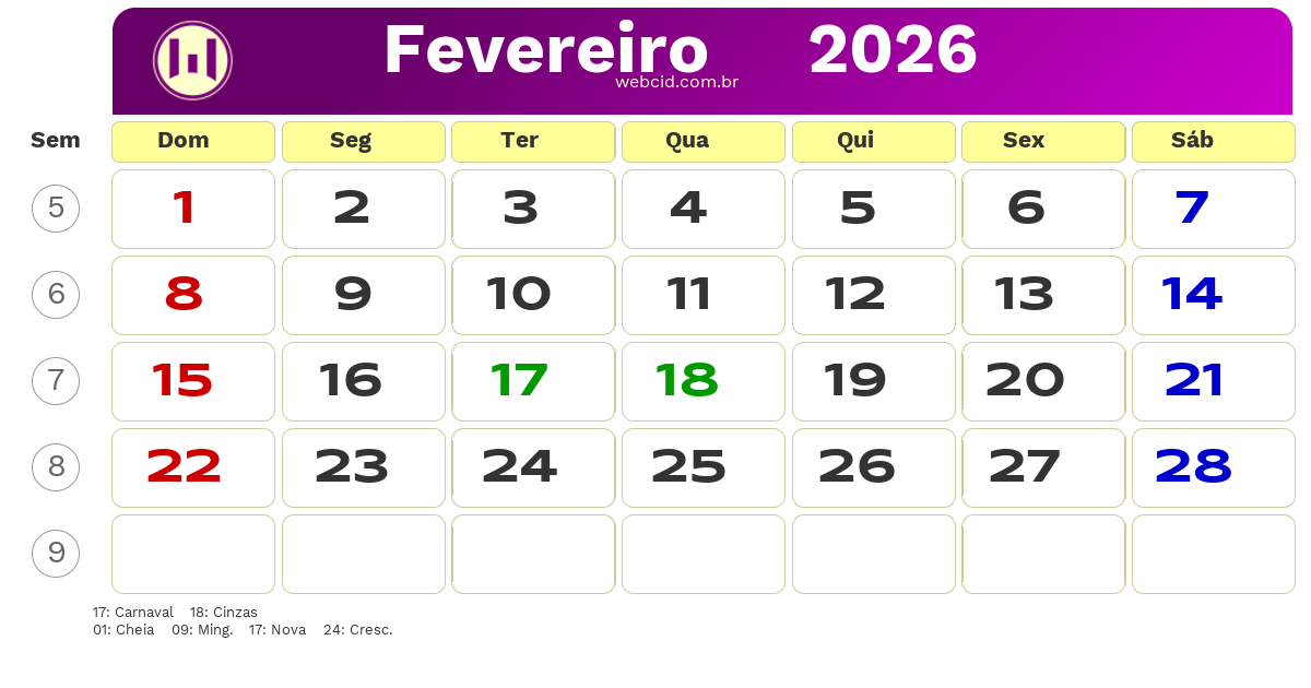 Calendário 2026 - Fevereiro - Brasil com feriados e fases da lua