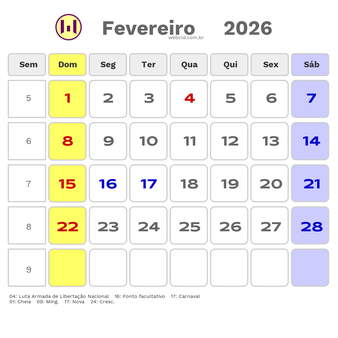 Calendário 2026 - Fevereiro - Angola com feriados e fases da lua