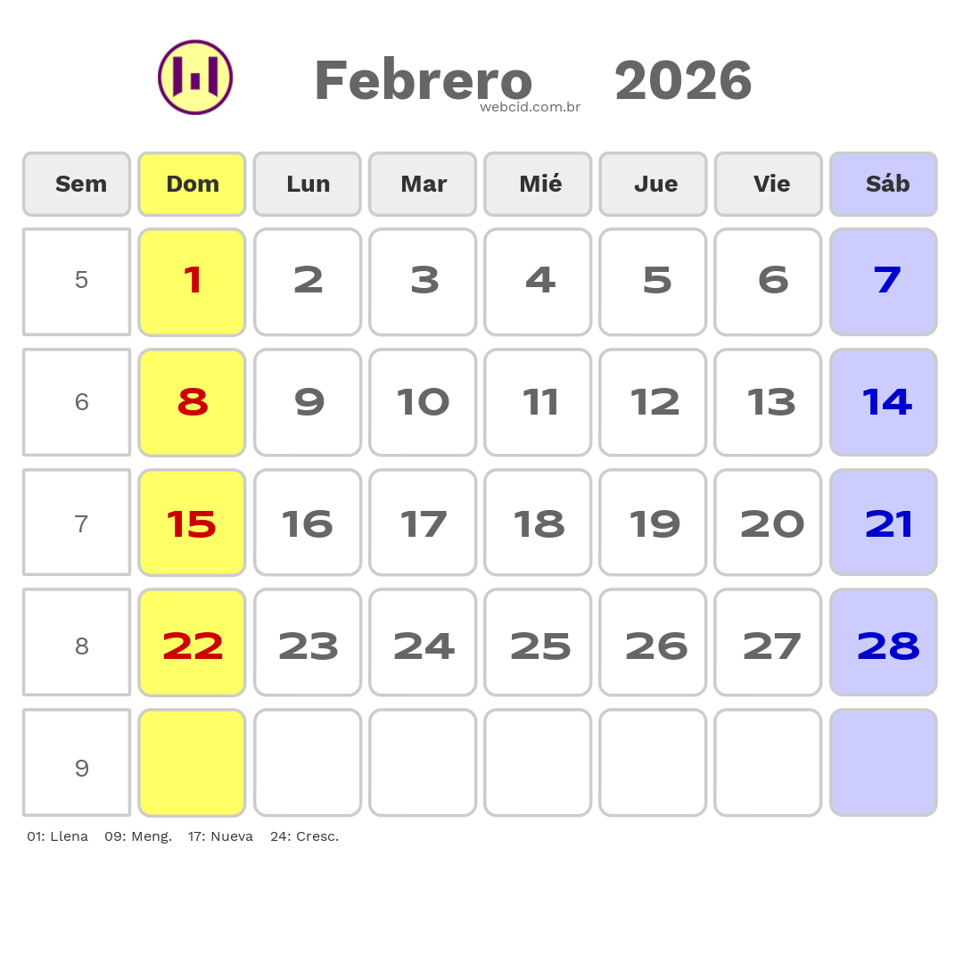 Calendario 2026 - Febrero - Colômbia com feriados e fases da lua
