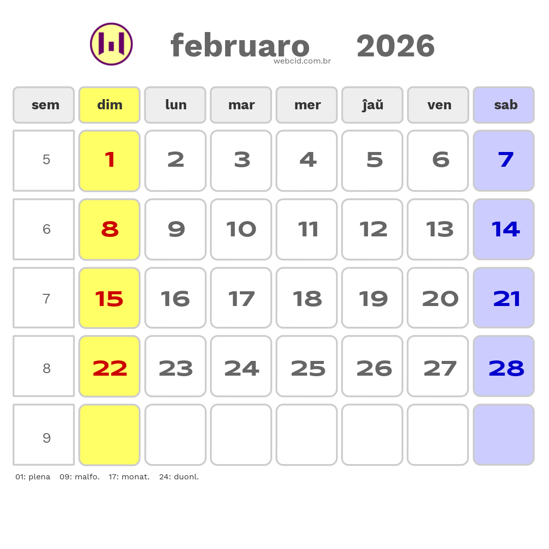 Kalendaro 2026 - februaro - Esperanto-ESPERANTO com feriados e fases da lua