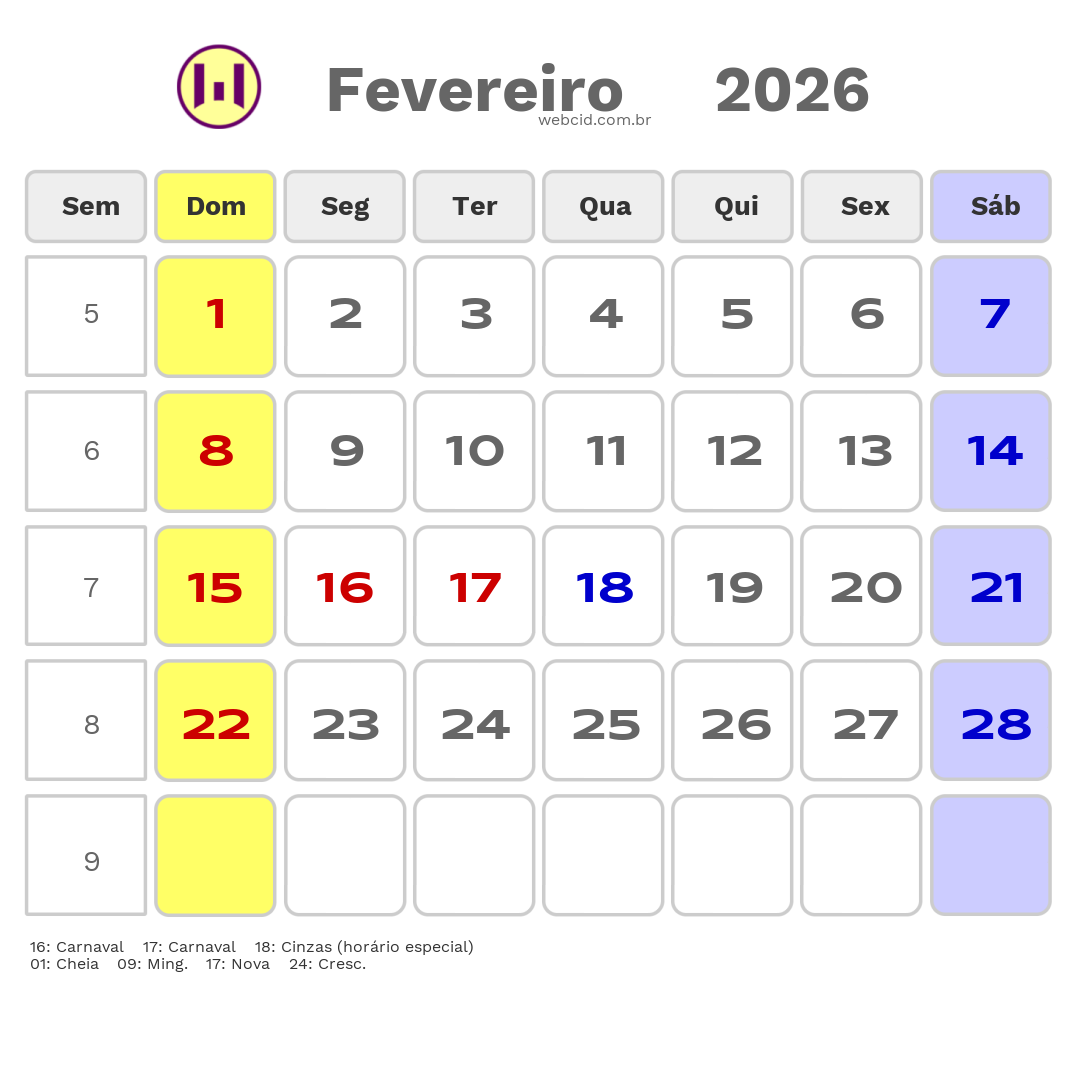 Calendário 2026 - Fevereiro - Feriados Bancários com feriados e fases da lua