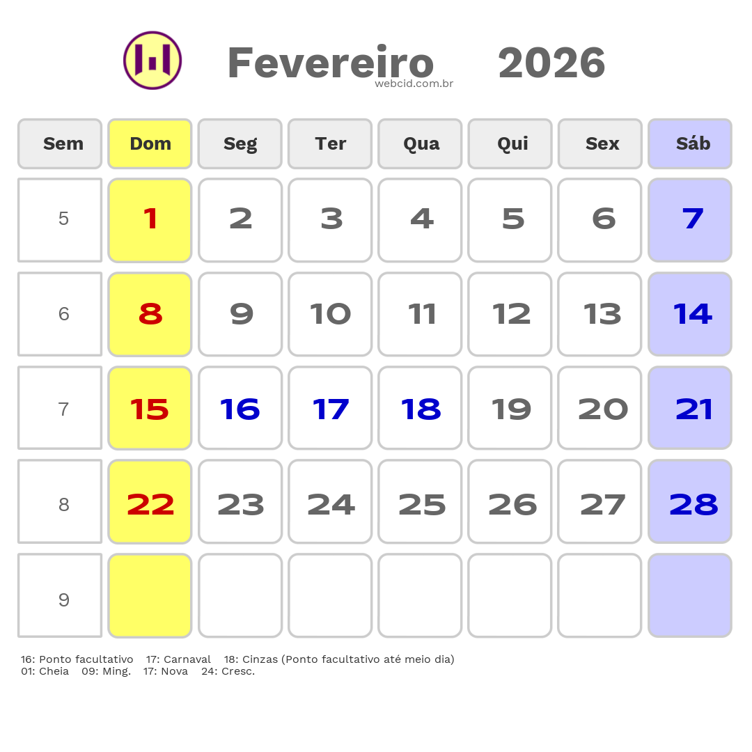 Calendário 2026 - Fevereiro - São Roque-SP com feriados e fases da lua