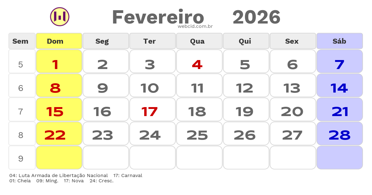 Calendário 2026 - Fevereiro - Angola com feriados e fases da lua