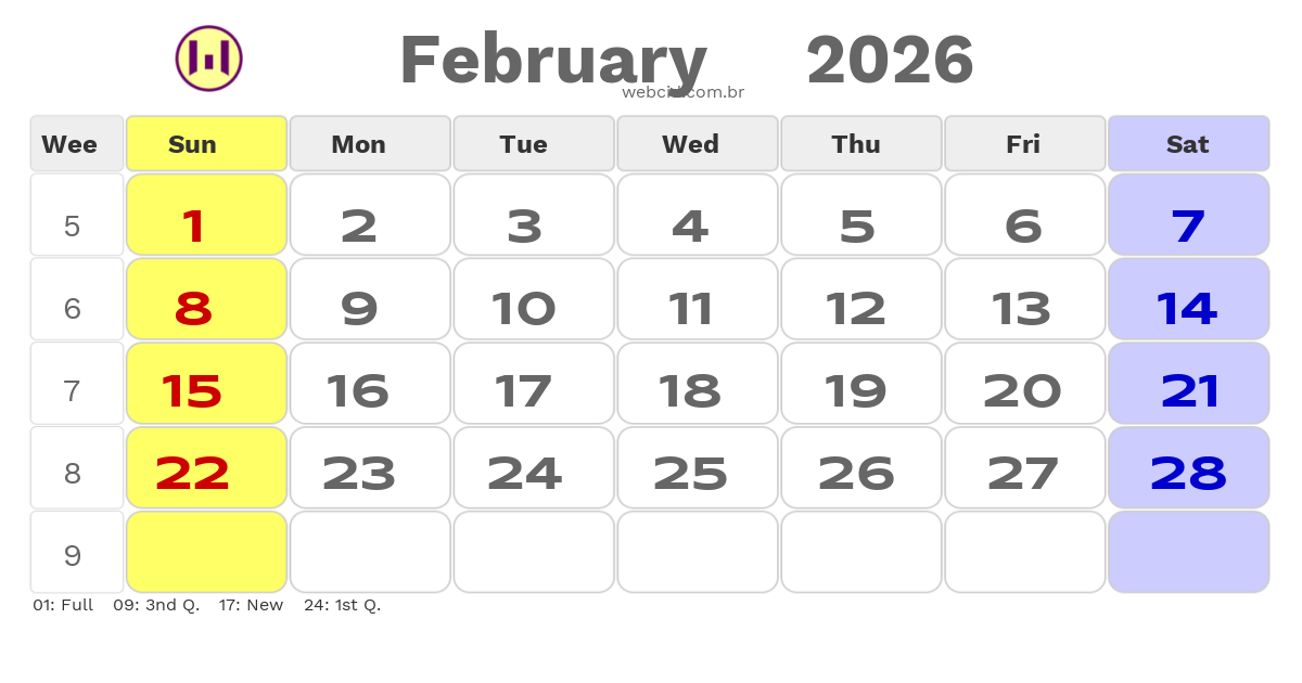 Calendar 2026 - February - Austrália com feriados e fases da lua