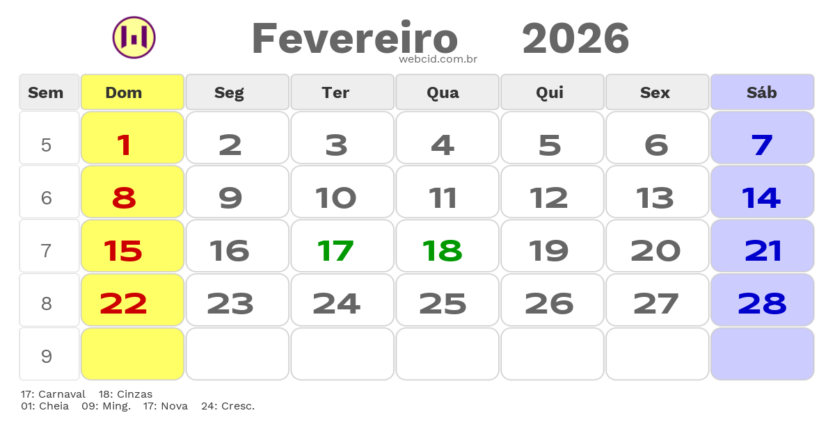 Calendário 2026 - Fevereiro - Sao Goncalo do Amarante-CE com feriados e fases da lua