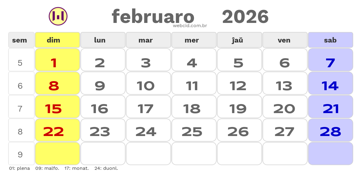 Kalendaro 2026 - februaro - Esperanto-ESPERANTO com feriados e fases da lua