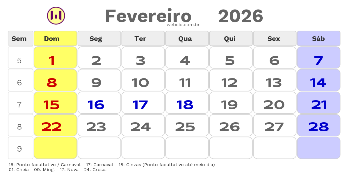 Calendário 2026 - Fevereiro - Serra-ES com feriados e fases da lua
