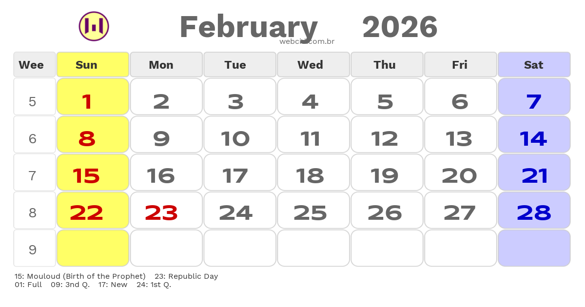 Calendar 2026 - February - Guyana com feriados e fases da lua